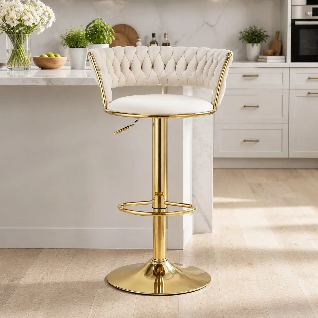 Bar Stools Velvet Woven Backrest Adjustable Height 61cm-81cm Ivory