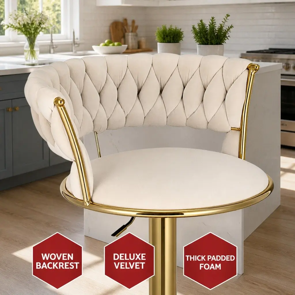 Bar Stools Velvet Woven Backrest Adjustable Height 61cm-81cm Ivory