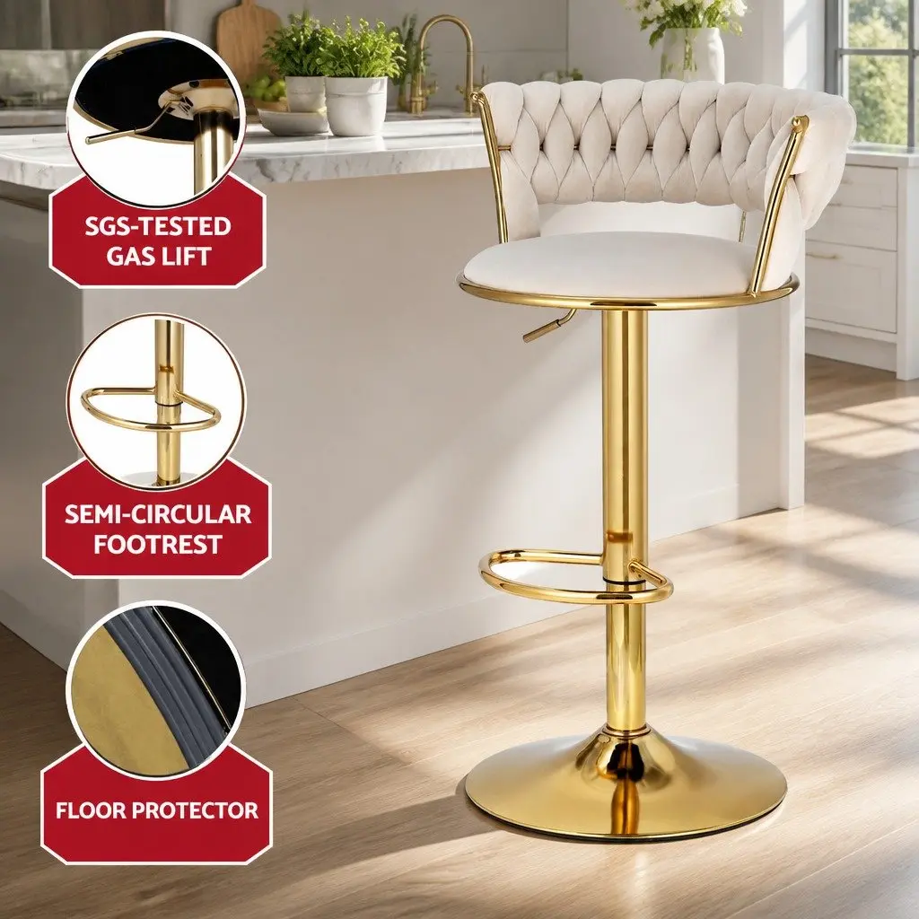 Bar Stools Velvet Woven Backrest Adjustable Height 61cm-81cm Ivory