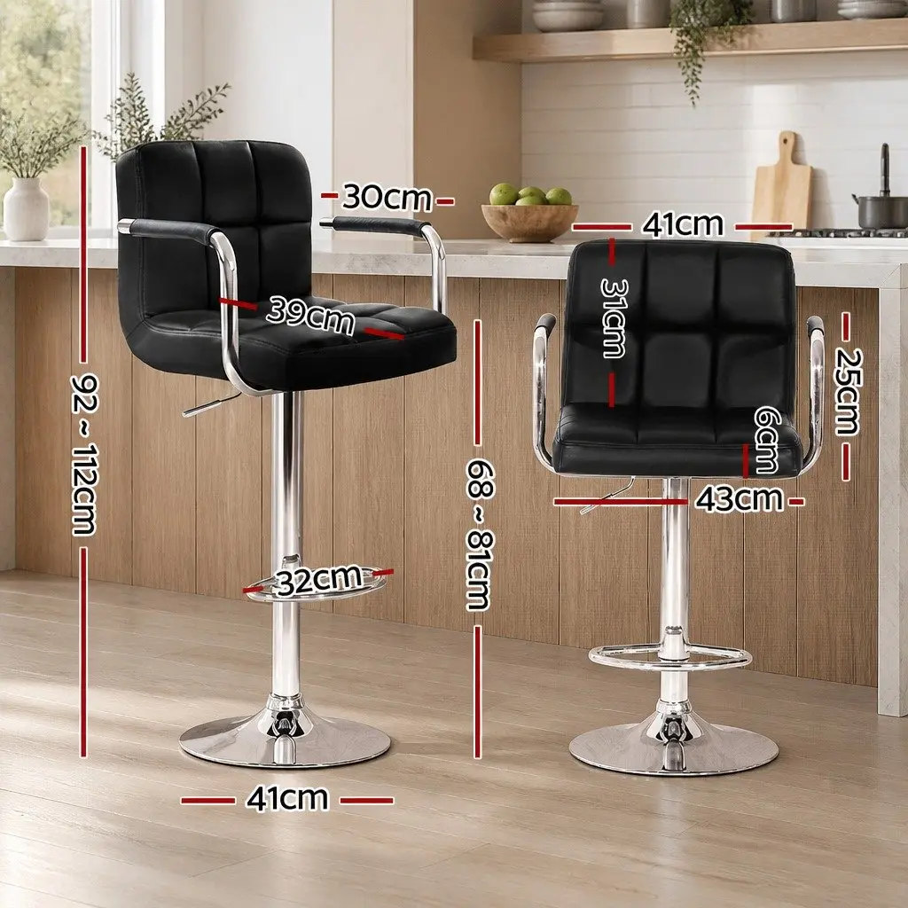 Bar Stools PU Leather Adjustable Height Black Set of 2