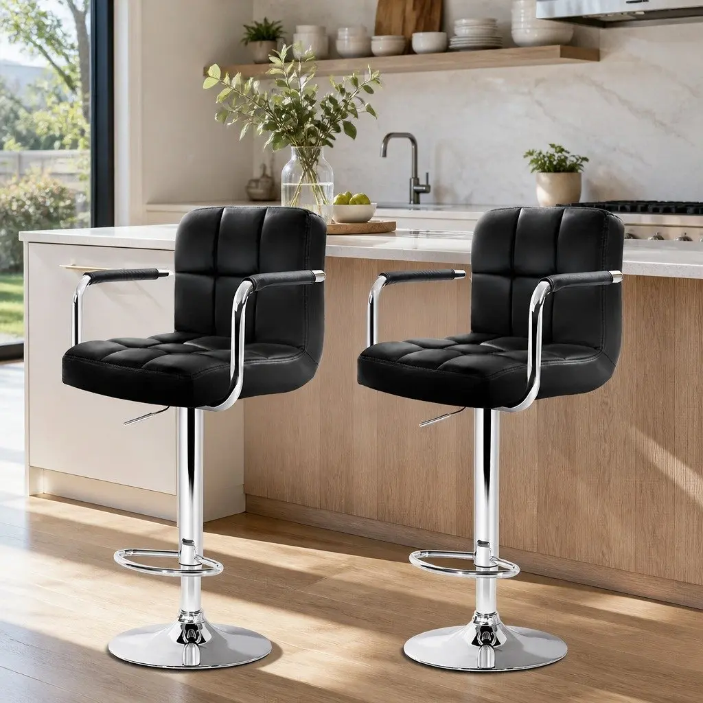 Bar Stools PU Leather Adjustable Height Black Set of 2