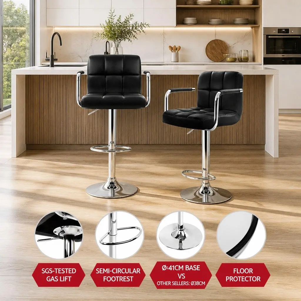 Bar Stools PU Leather Adjustable Height Black Set of 2