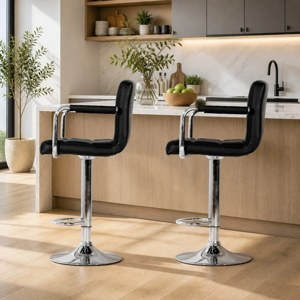 Bar Stools PU Leather Adjustable Height Black Set of 2