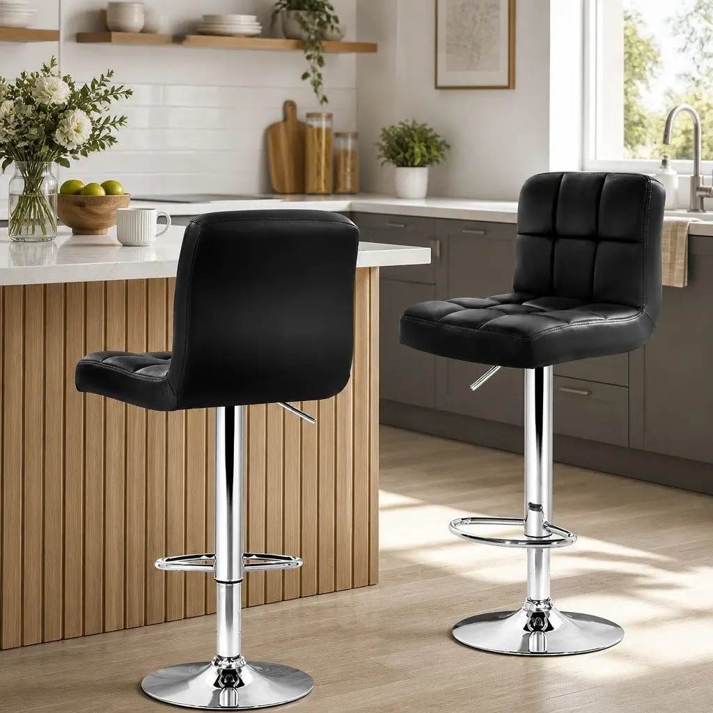 Bar Stools PU Leather Adjustable Height Black Set of 2