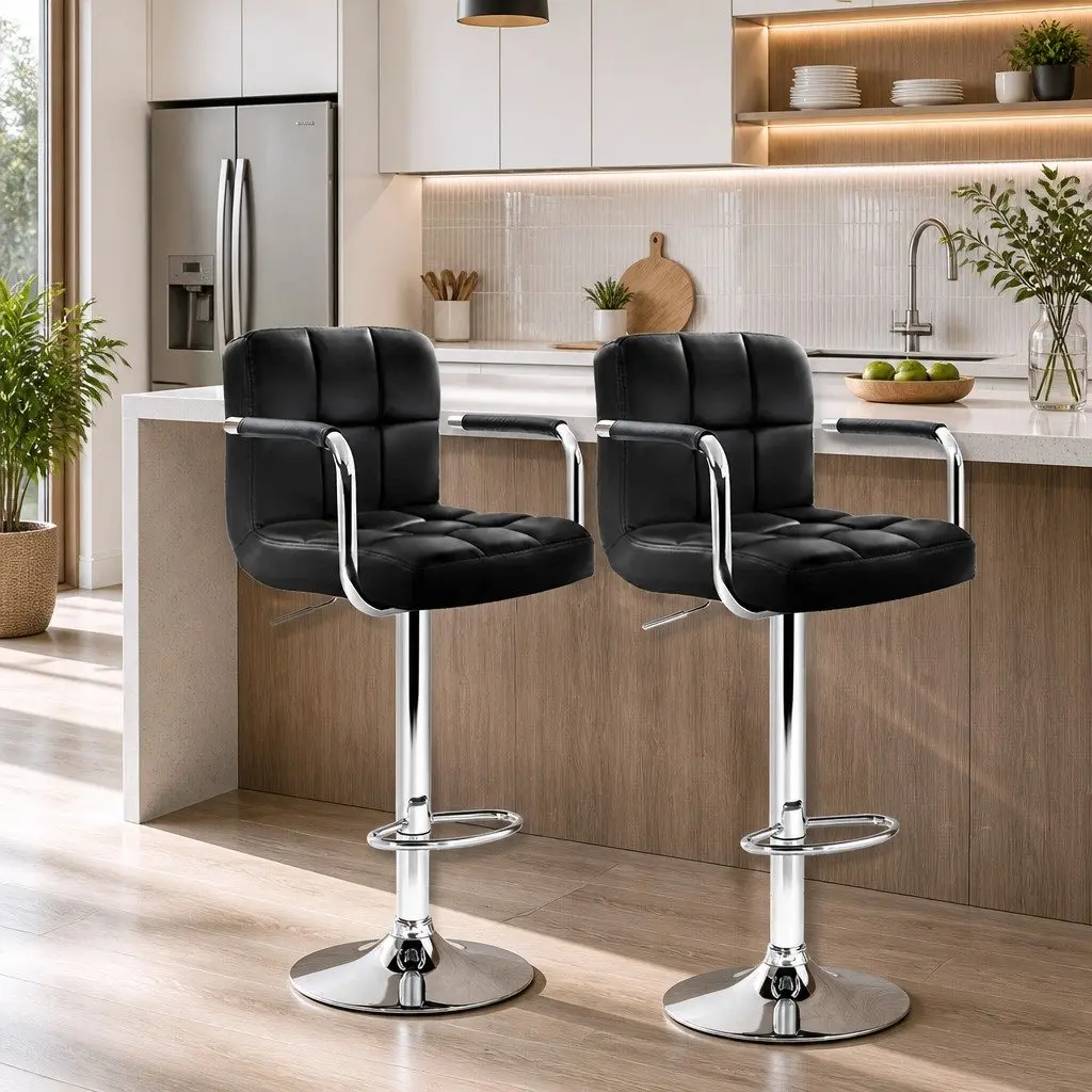 Bar Stools PU Leather Adjustable Height Black Set of 2
