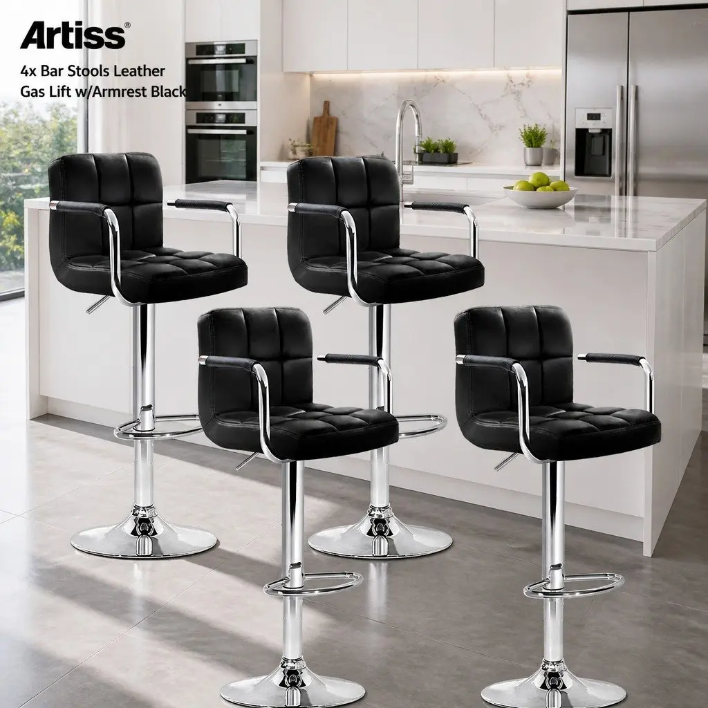 Bar Stools Faux Leather Adjustable Height 4 Piece Black