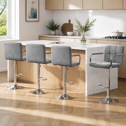 Bar Stools x4 Gas Lift Armrest Swivel Chair Grey Fabric Adjustable Height