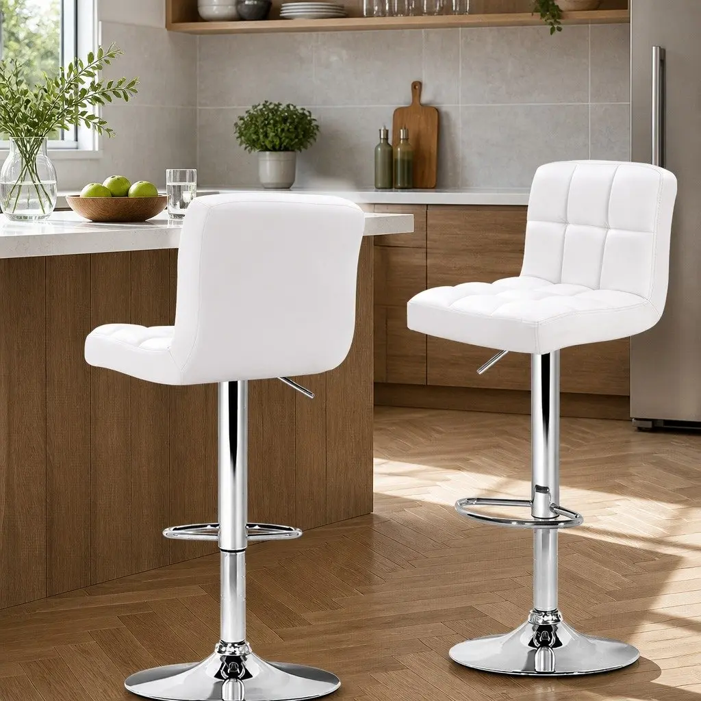 Bar Stools PU Leather Adjustable Height Swivel 2 Pack White