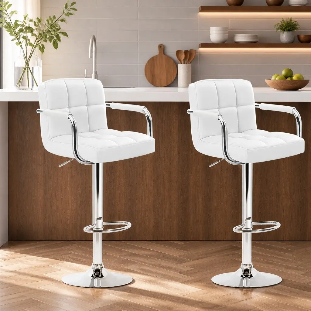 Bar Stools PU Leather Adjustable Height Swivel 2 Pack White