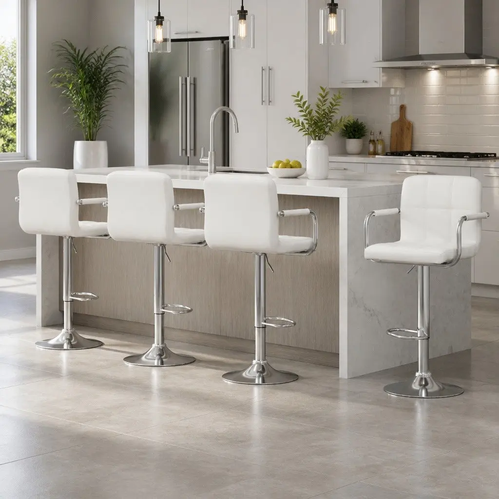Bar Stools PU Leather Gas Lift Swivel 68-81 cm White Padded Seat Set of 4