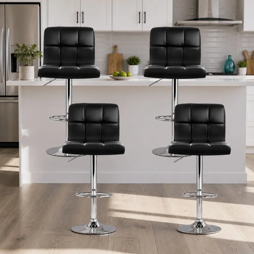 Bar Stools PU Leather Adjustable Height Black Swivel 4 Piece
