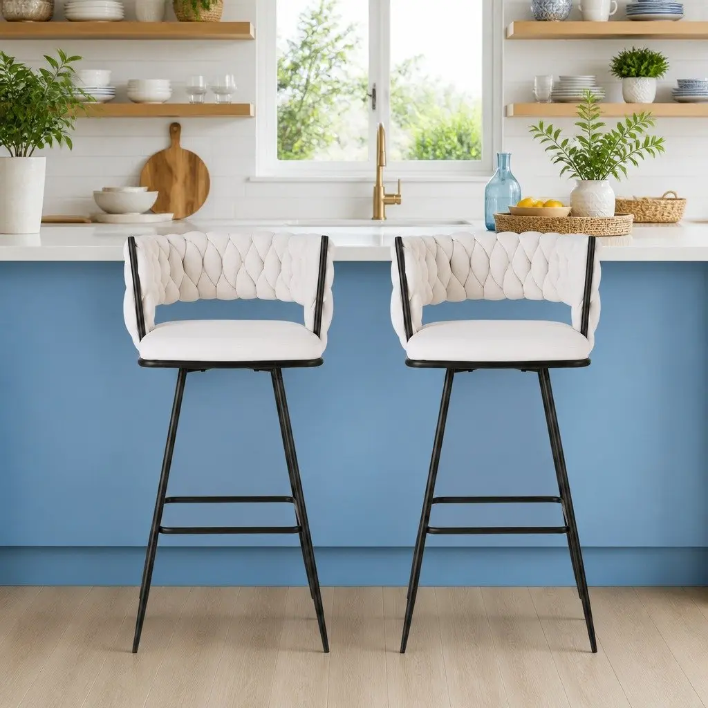 Bar Stools Velvet Cushioned Back Metal Frame 75cm Height Beige Set of 2