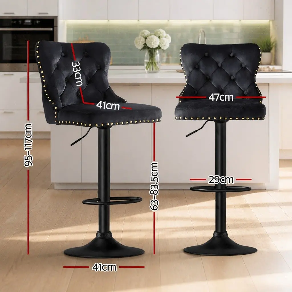 Bar Stool Set of 2 Adjustable Height Velvet Padded Kitchen Counter Nailhead