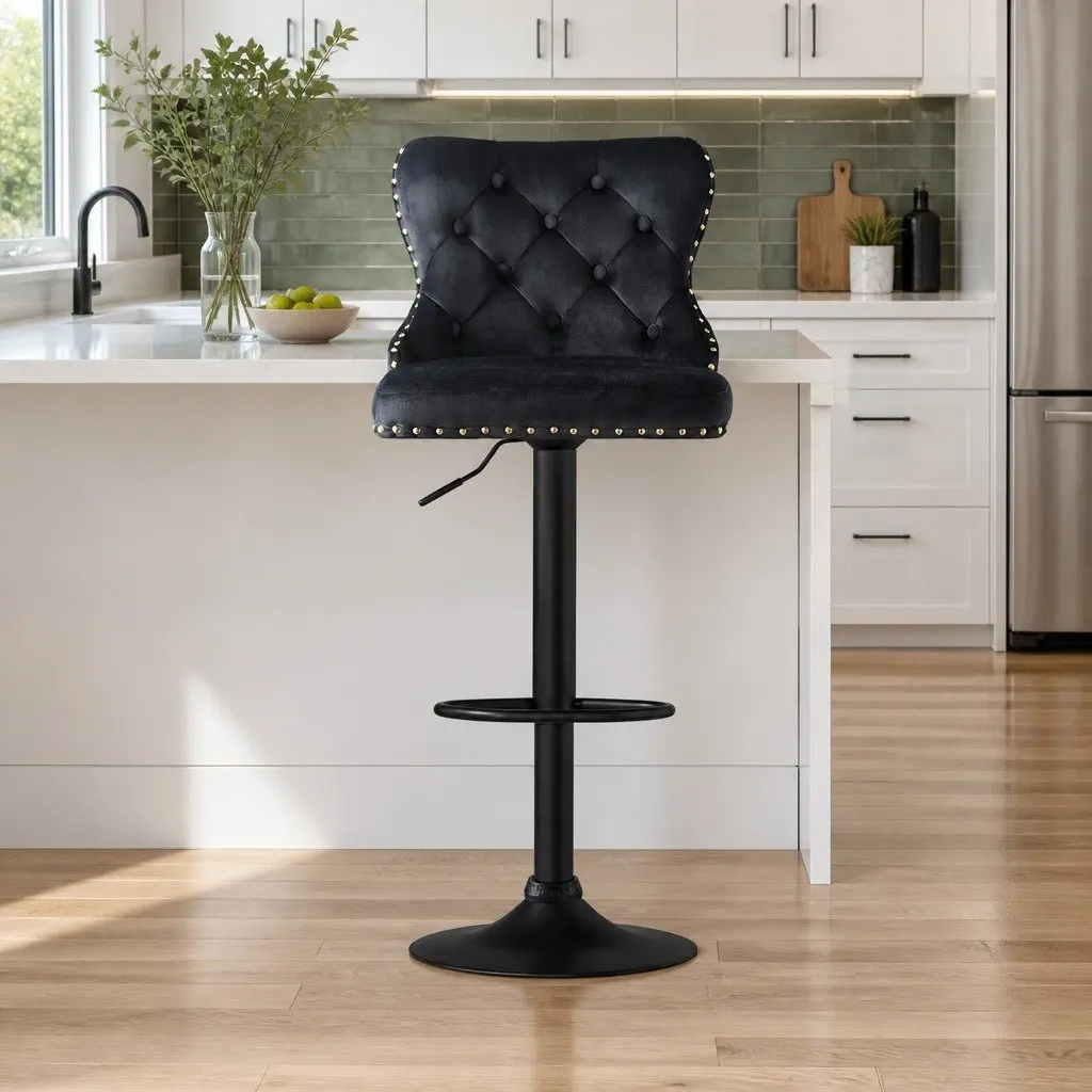 Bar Stool Set of 2 Adjustable Height Velvet Padded Kitchen Counter Nailhead