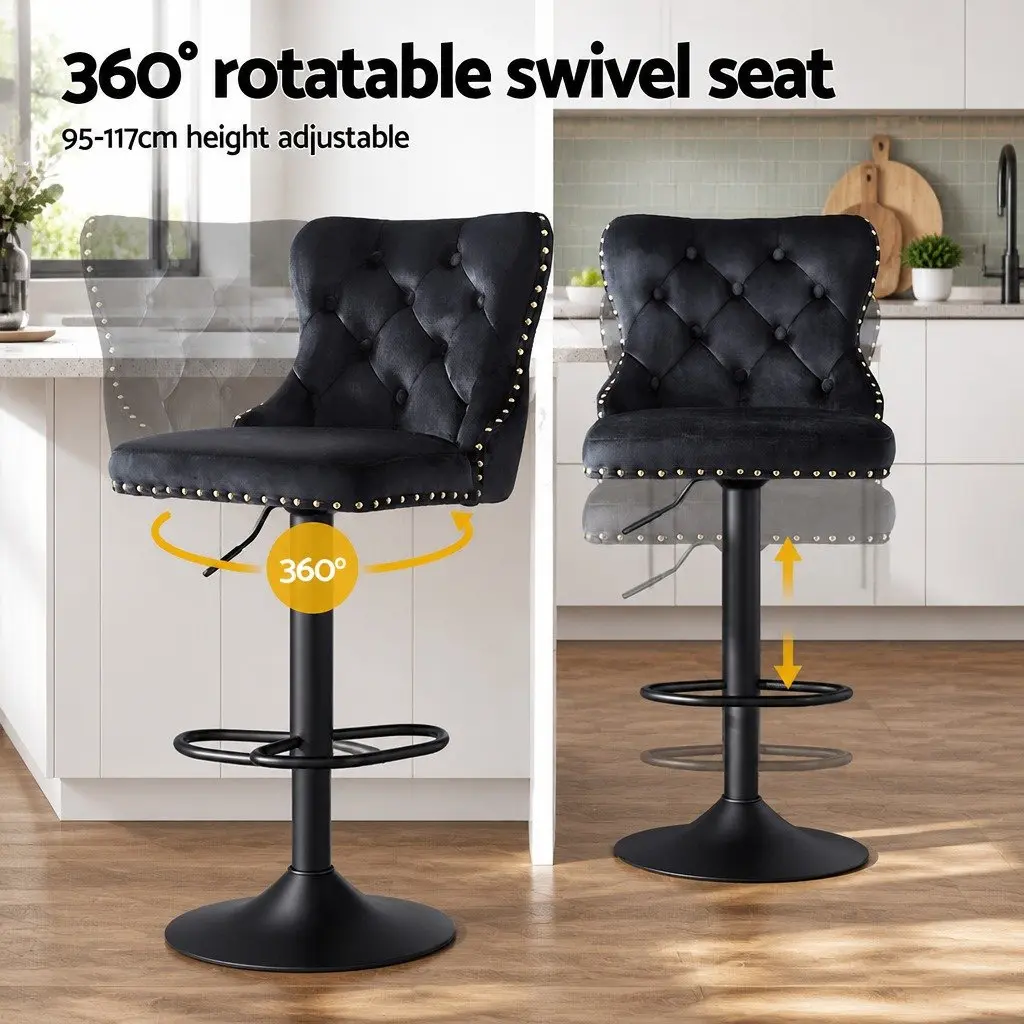 Bar Stool Set of 2 Adjustable Height Velvet Padded Kitchen Counter Nailhead