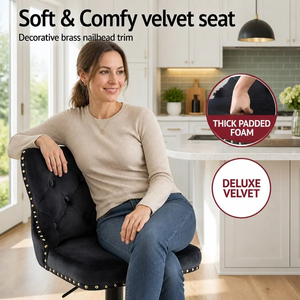 Bar Stool Set of 2 Adjustable Height Velvet Padded Kitchen Counter Nailhead