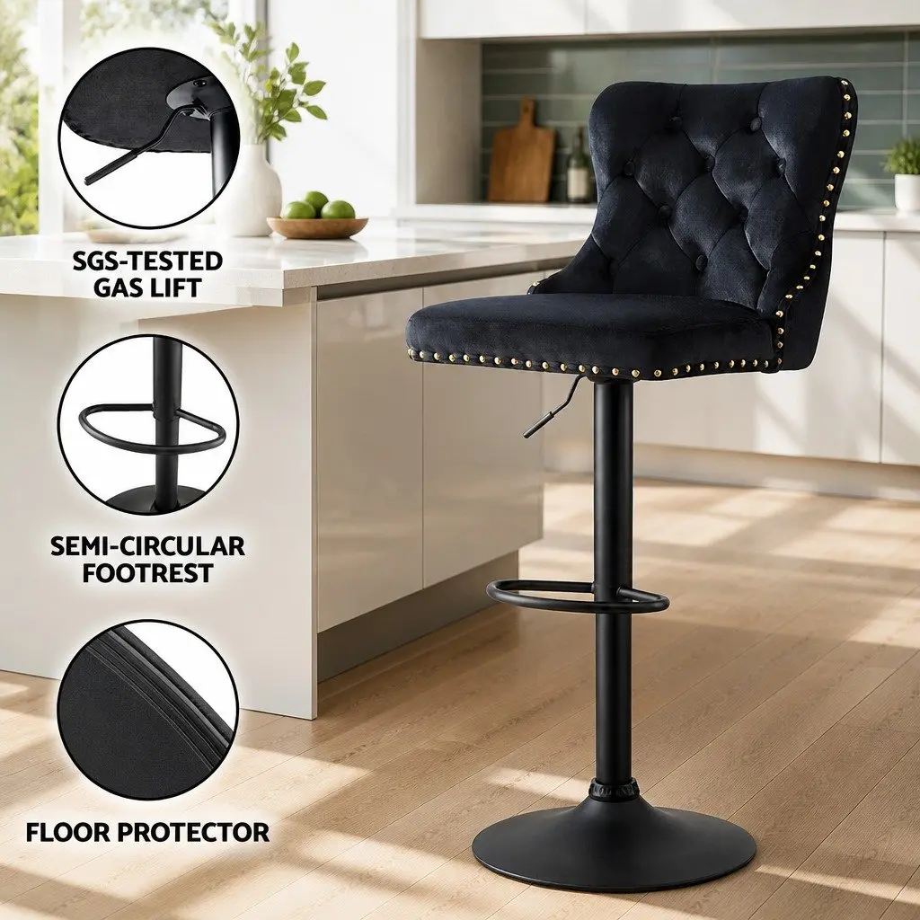 Bar Stool Set of 2 Adjustable Height Velvet Padded Kitchen Counter Nailhead