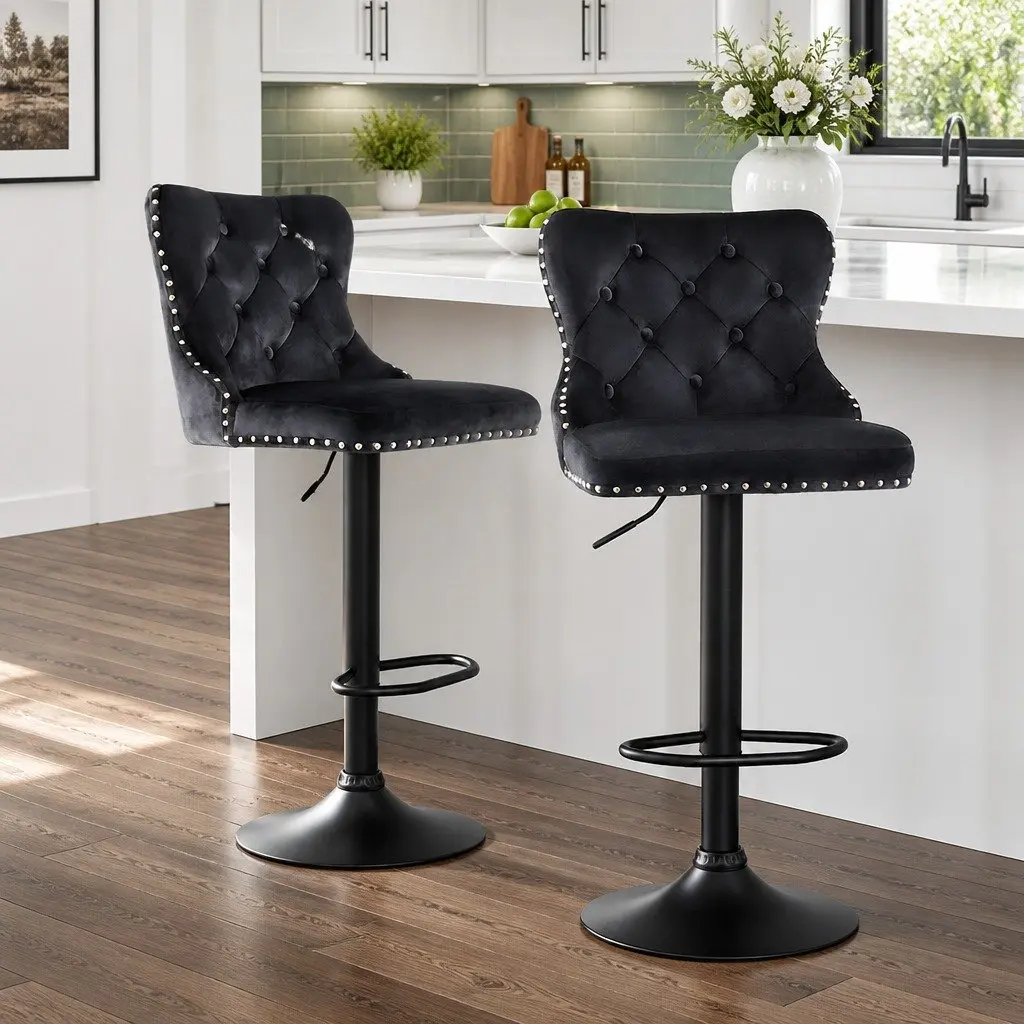 Bar Stool Set of 2 Adjustable Height Velvet Padded Kitchen Counter Nailhead