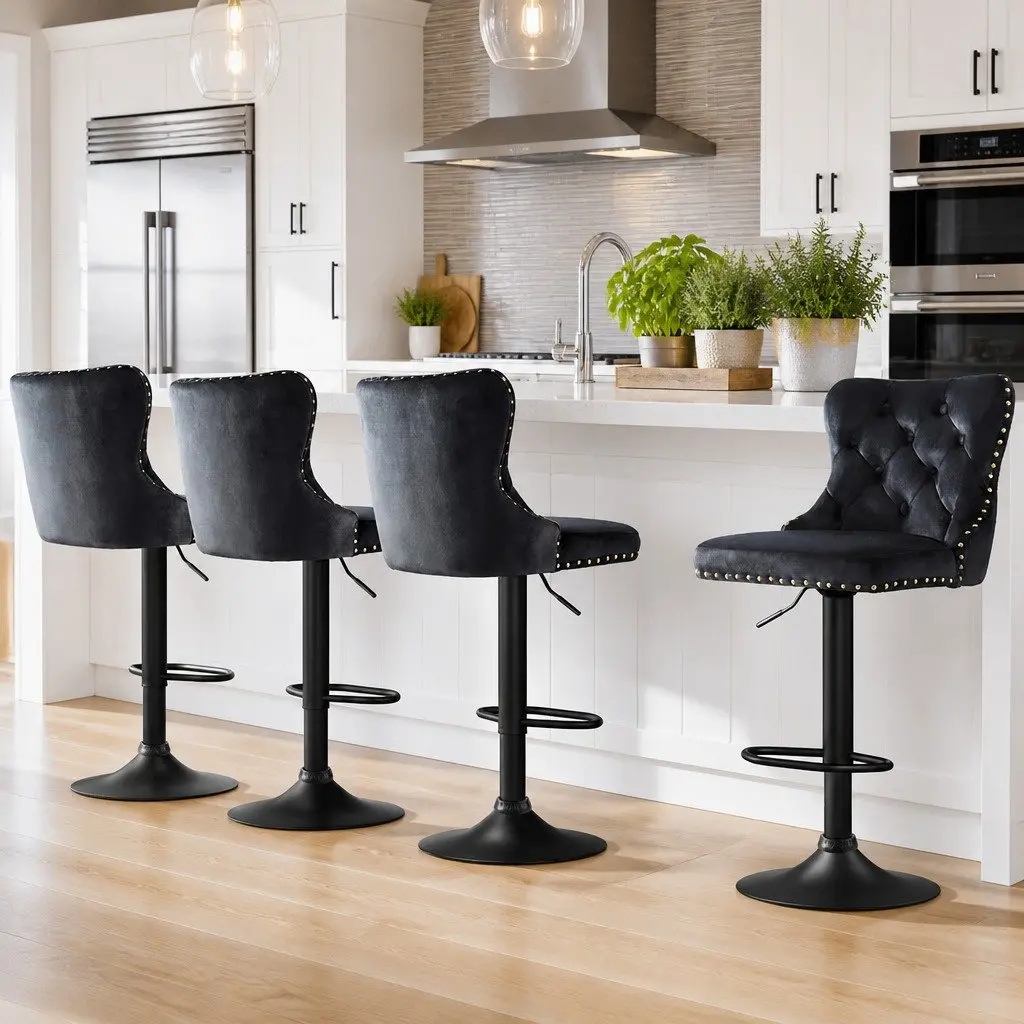 Bar Stools Adjustable Height Velvet Black Set of 4