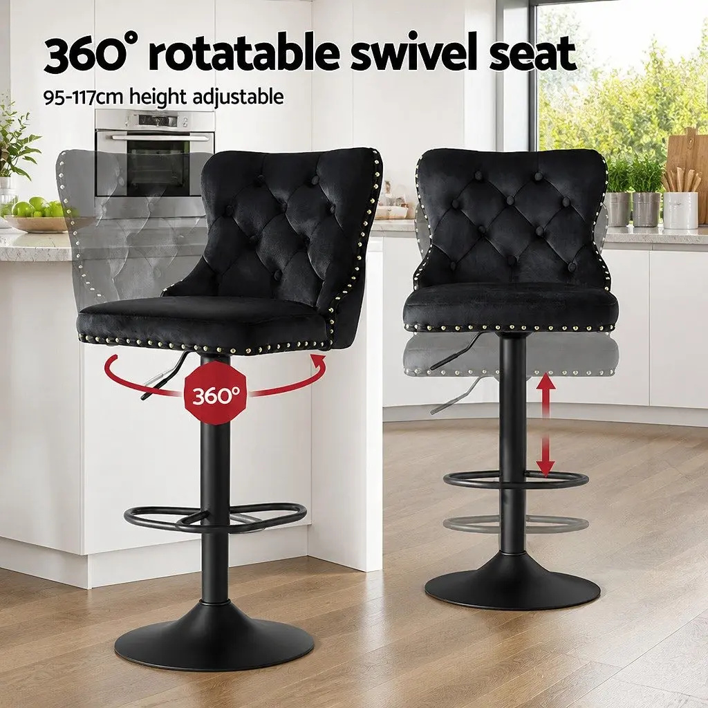 Bar Stools Adjustable Height Velvet Black Set of 4