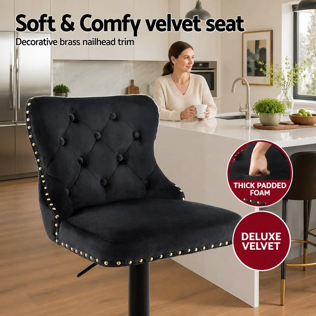 Bar Stools Adjustable Height Velvet Black Set of 4