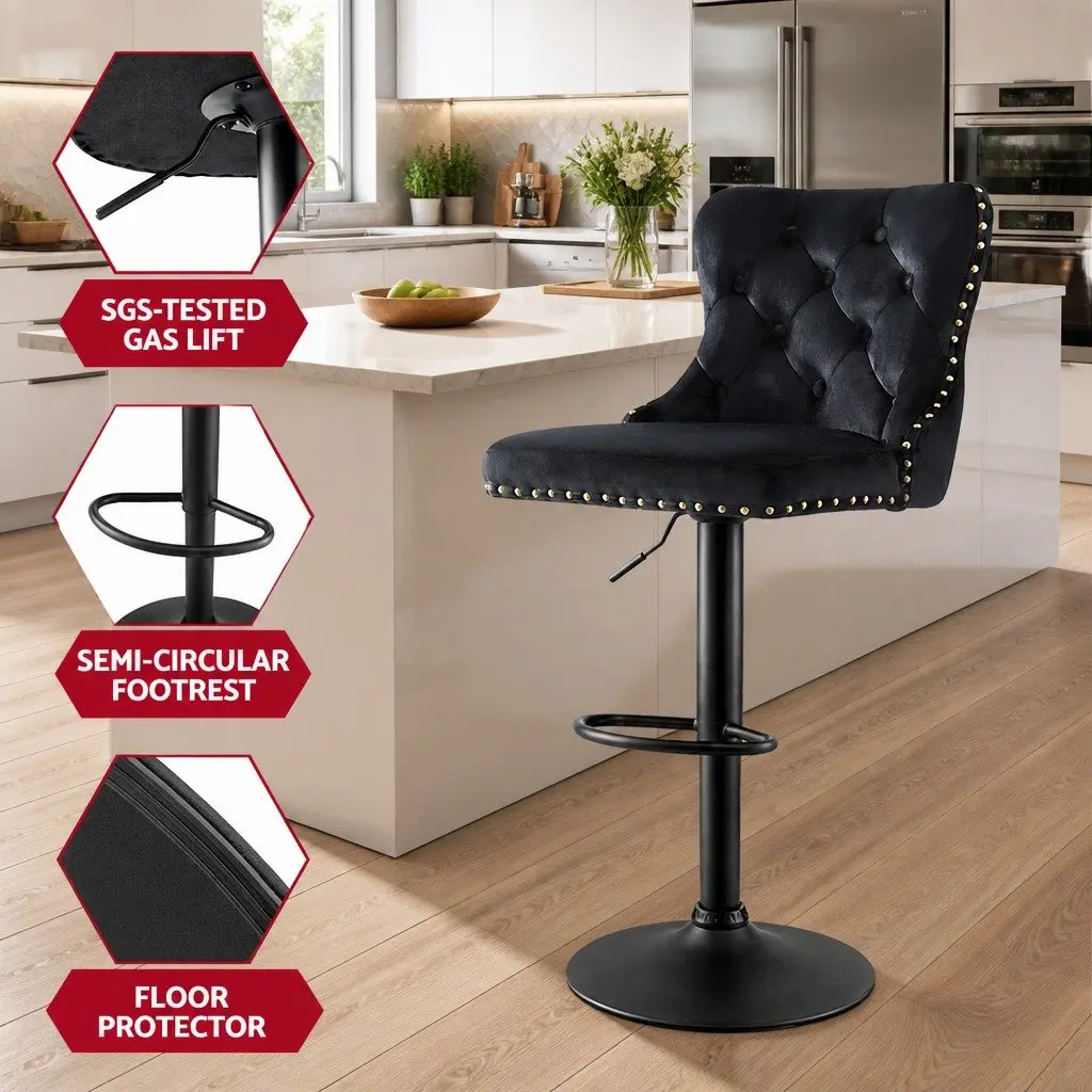 Bar Stools Adjustable Height Velvet Black Set of 4