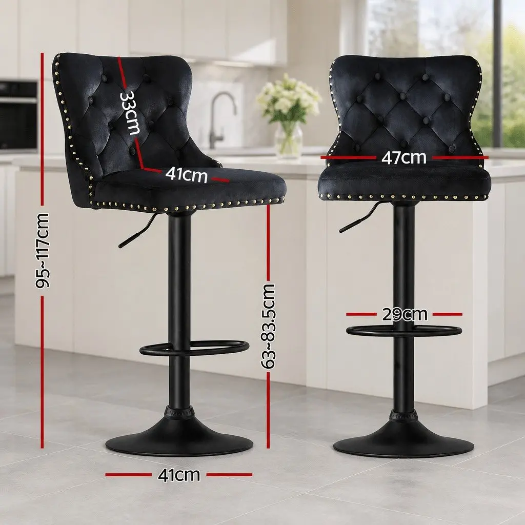 Bar Stool Adjustable Height Velvet Padded Seat Nailhead Trim Black