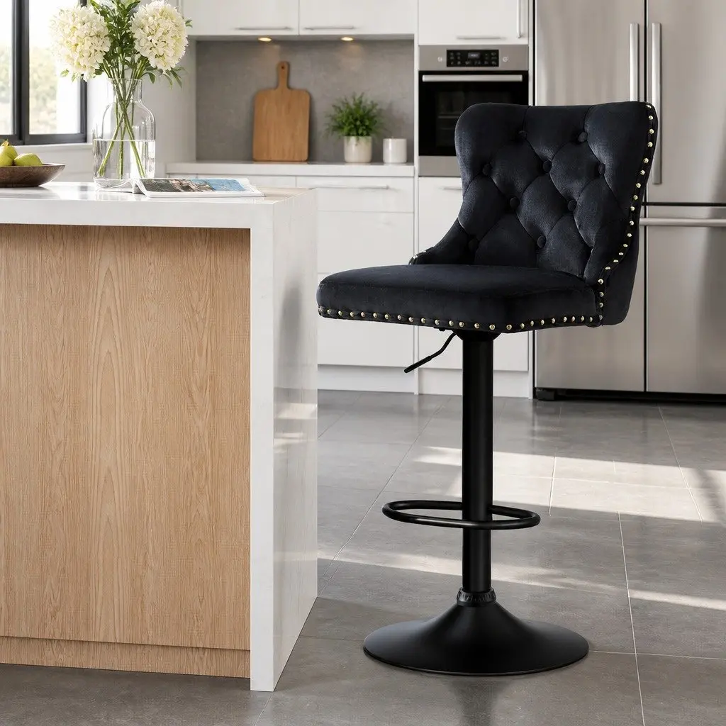 Bar Stool Adjustable Height Velvet Padded Seat Nailhead Trim Black
