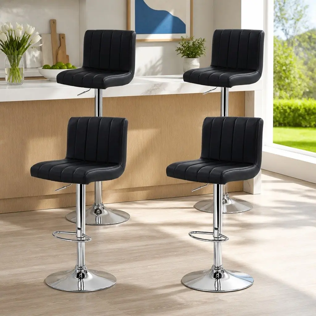 Set of 4 Bar Stools Adjustable Height Black PU Leather Swivel Seat High Backrest Chrome Base