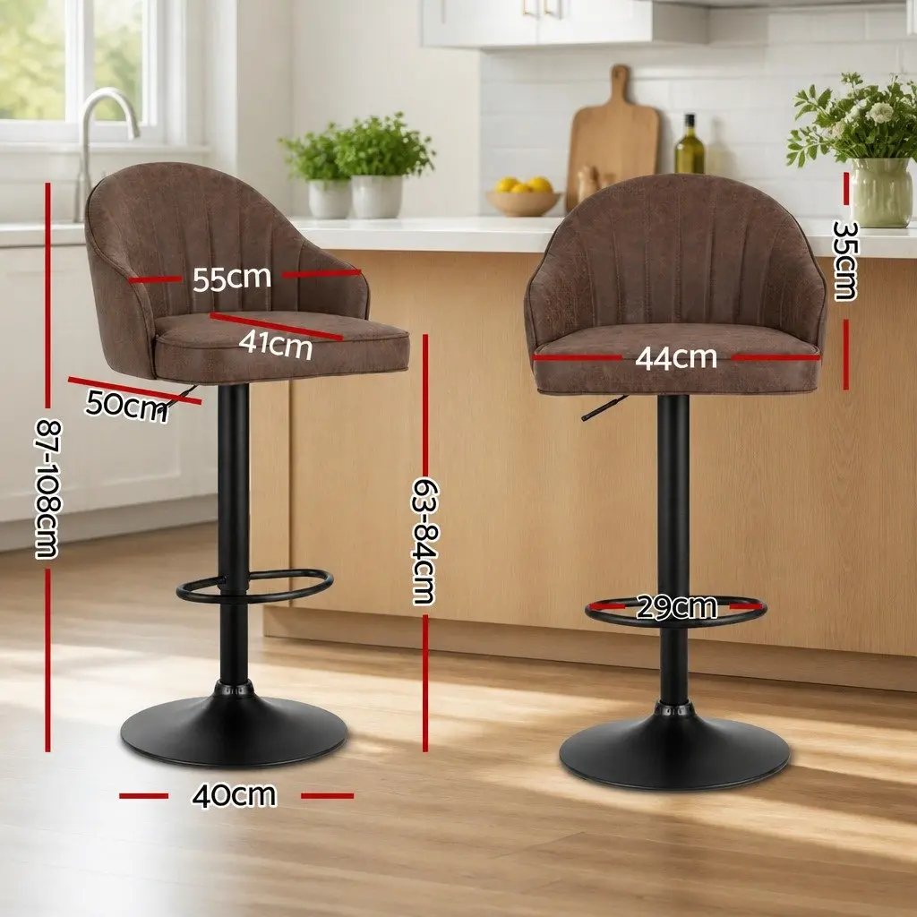Bar Stools PU Leather Adjustable Height Swivel Set of 2 Brown