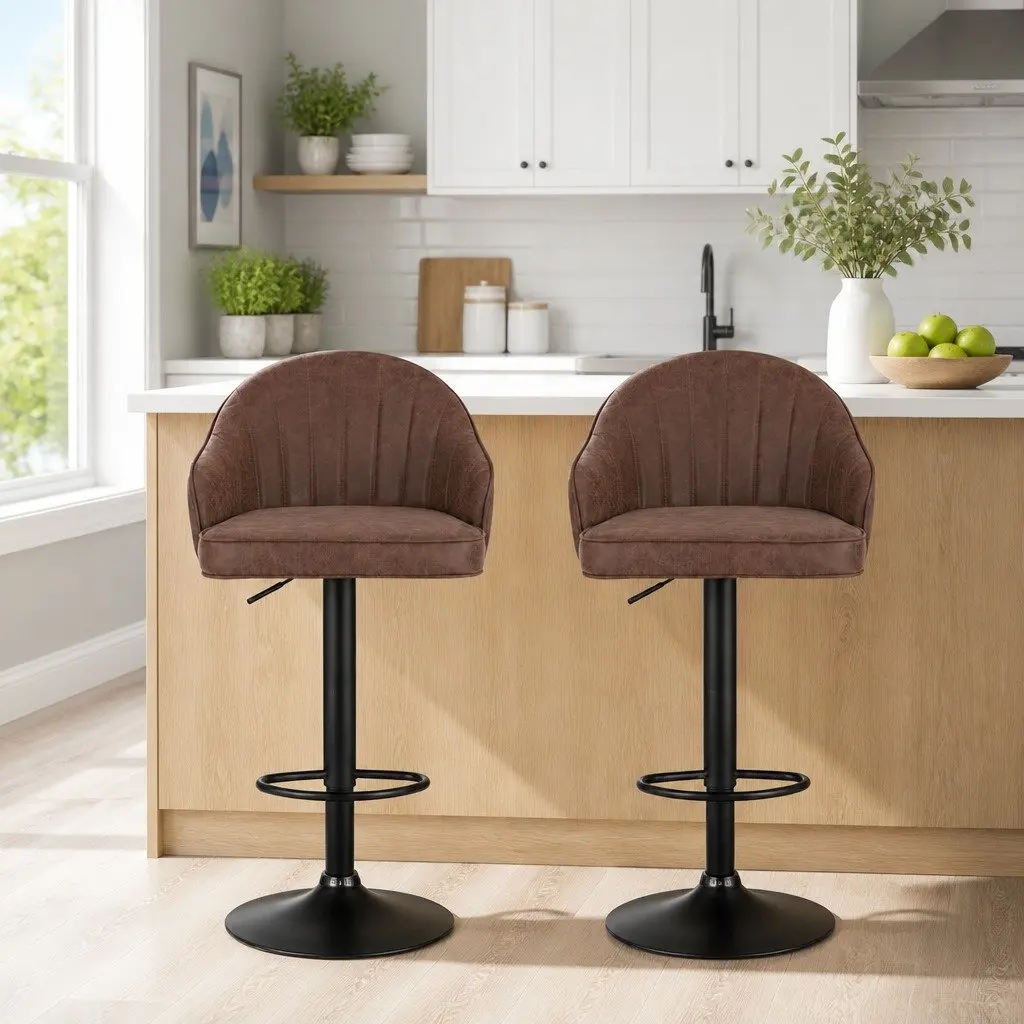 Bar Stools PU Leather Adjustable Height Swivel Set of 2 Brown