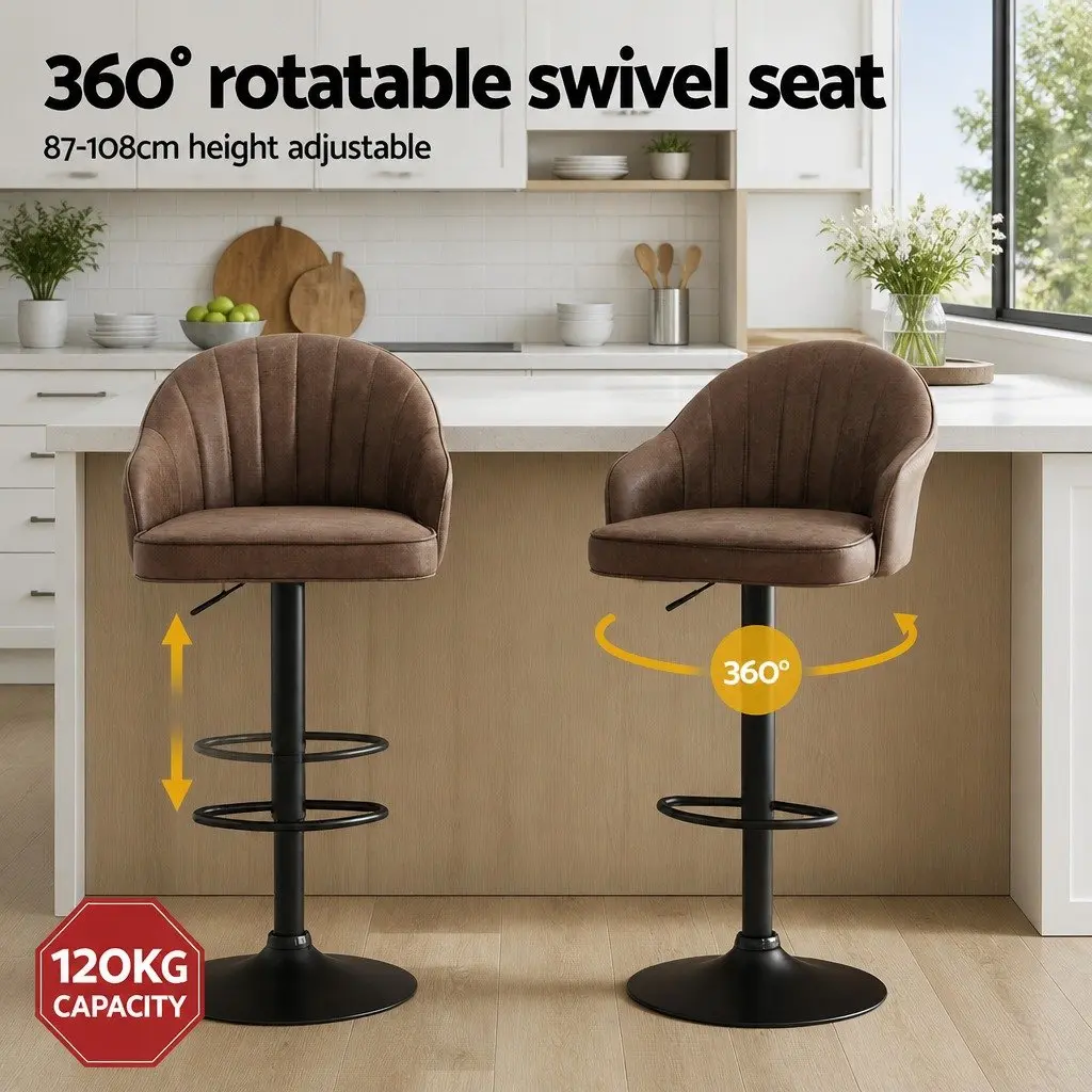 Bar Stools PU Leather Adjustable Height Swivel Set of 2 Brown