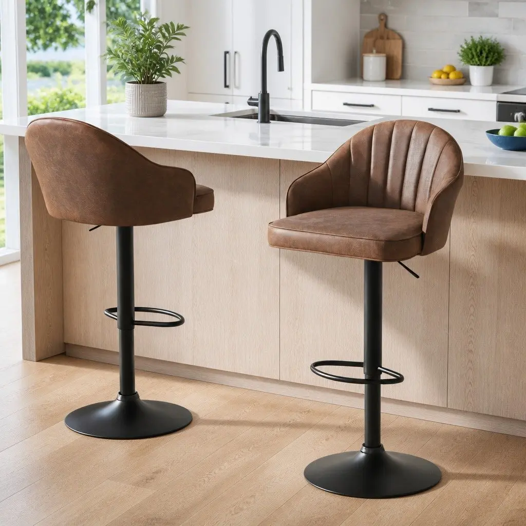 Bar Stools PU Leather Adjustable Height Swivel Set of 2 Brown