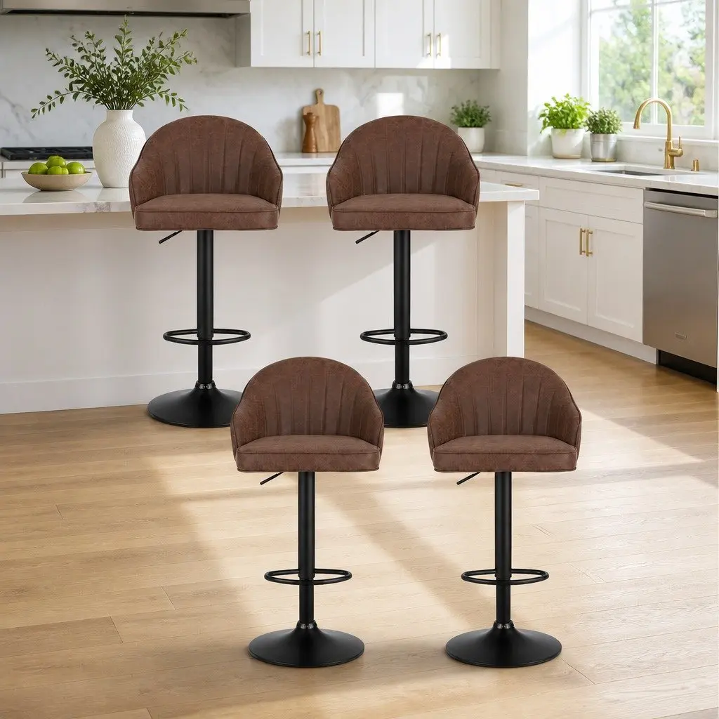 Bar Stools PU Leather Metal Frame Adjustable Height Swivel 4 Piece Brown