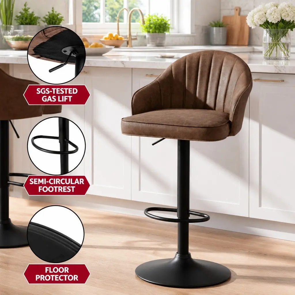Bar Stools PU Leather Metal Frame Adjustable Height Swivel 4 Piece Brown
