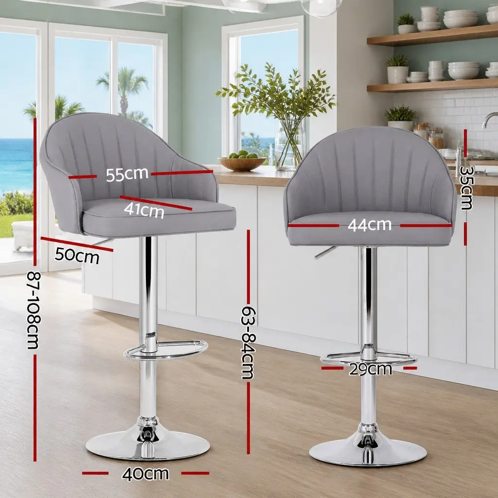 Bar Stools PU Leather Adjustable Height Swivel Set of 2 Grey