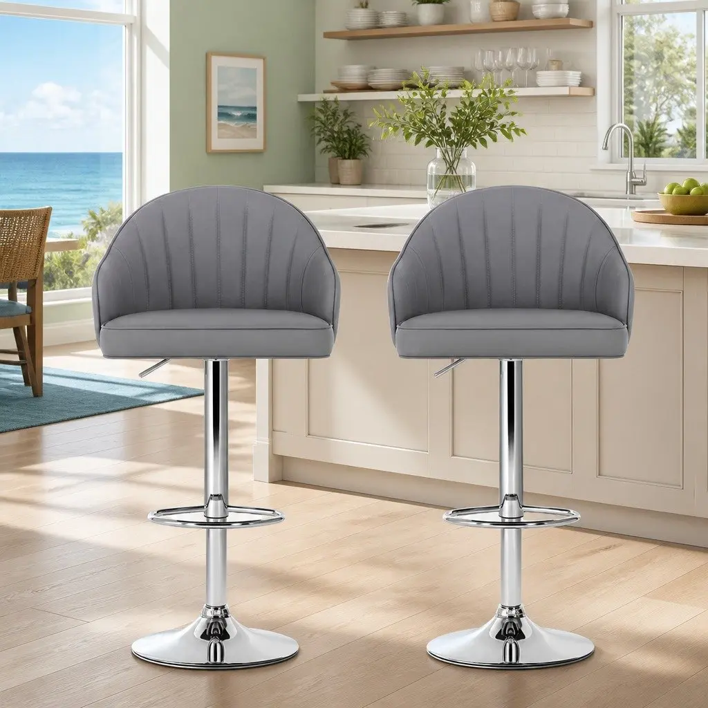 Bar Stools PU Leather Adjustable Height Swivel Set of 2 Grey