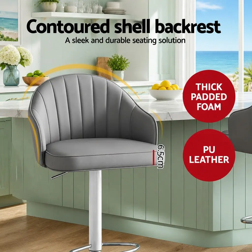 Bar Stools PU Leather Adjustable Height Swivel Set of 2 Grey