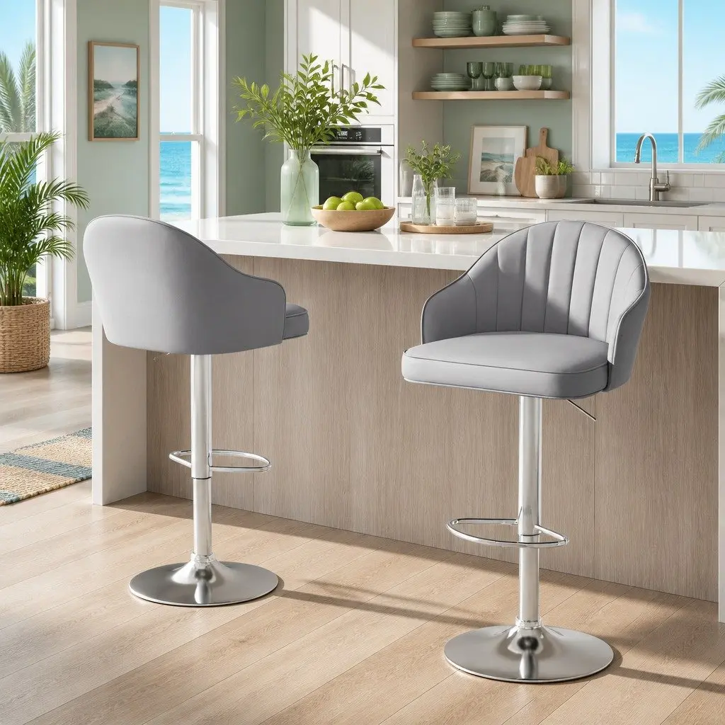 Bar Stools PU Leather Adjustable Height Swivel Set of 2 Grey