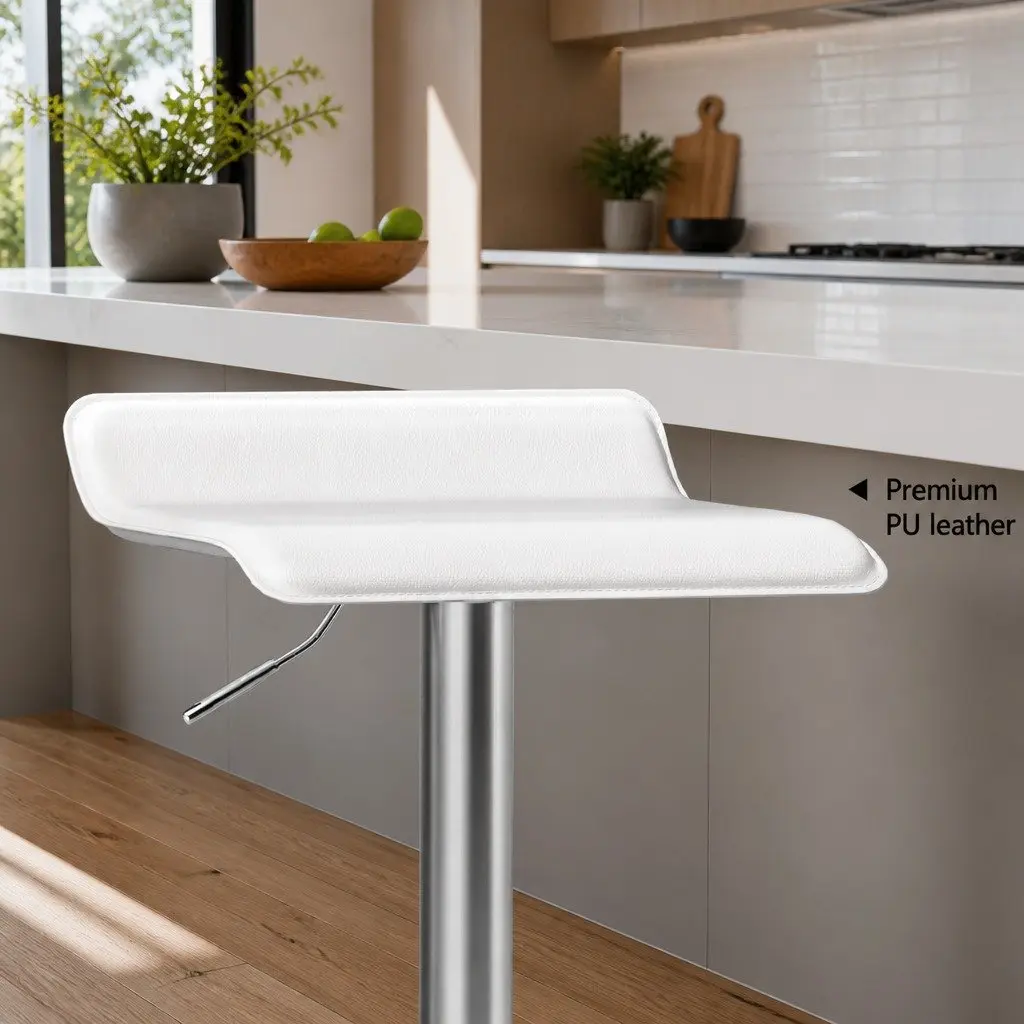Bar Stools PU Leather Adjustable Height White 2 Piece Swivel Chair Kitchen Counter