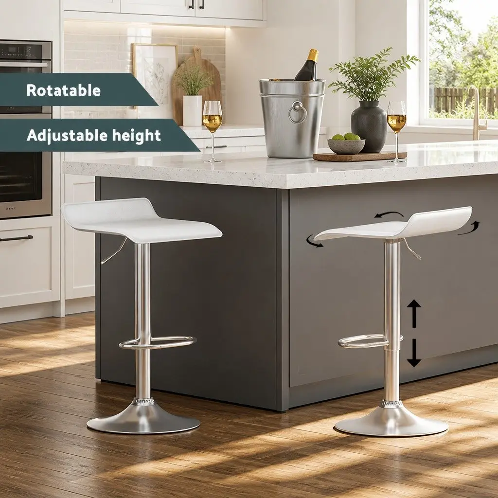 Bar Stools PU Leather Adjustable Height White 2 Piece Swivel Chair Kitchen Counter