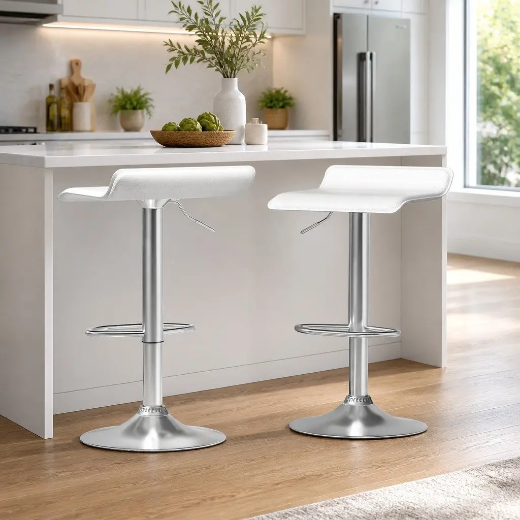 Bar Stools PU Leather Adjustable Height White 2 Piece Swivel Chair Kitchen Counter
