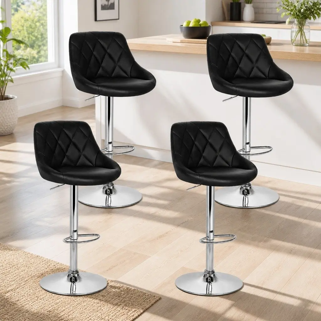 Bar Stools PU Leather Padded Adjustable Gas Lift Swivel 46cm x 50cm Black Set of 4