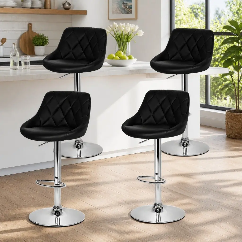 Bar Stools PU Leather Padded Adjustable Gas Lift Swivel 46cm x 50cm Black Set of 4