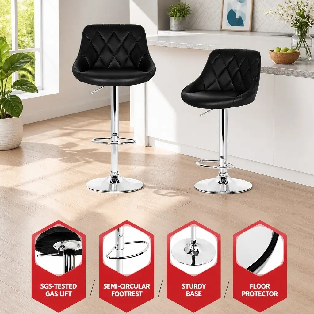 Bar Stools PU Leather Padded Adjustable Gas Lift Swivel 46cm x 50cm Black Set of 4