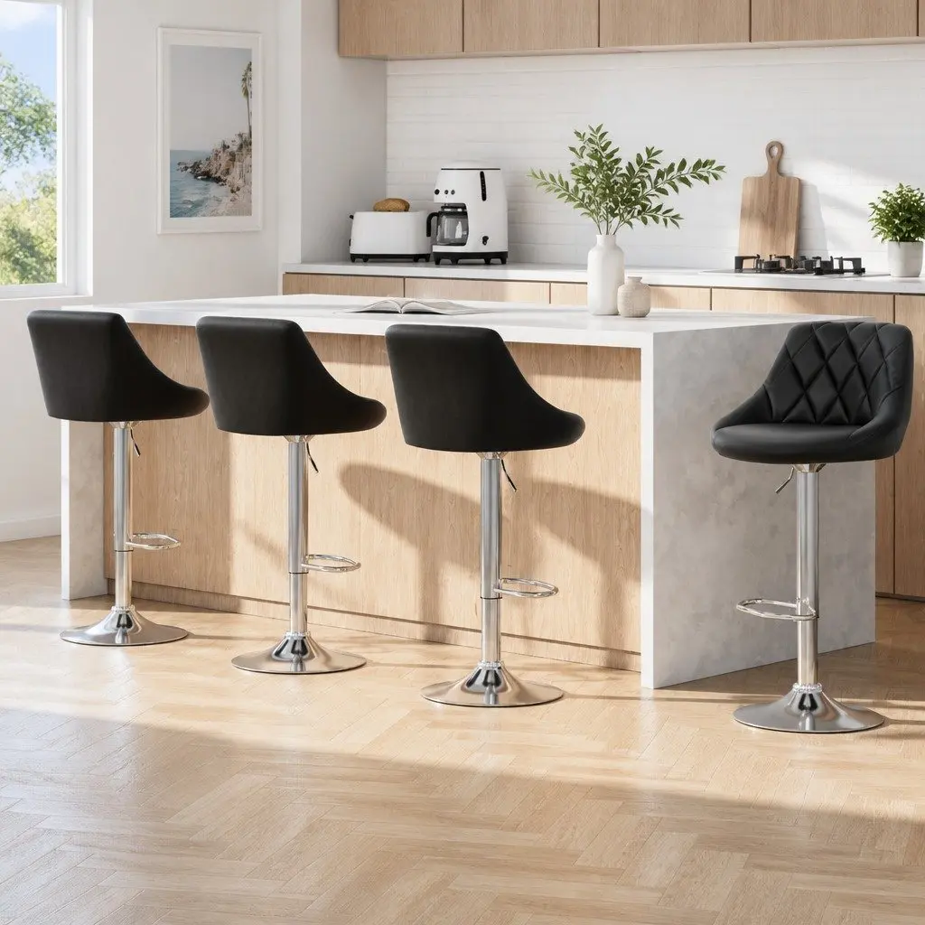 Bar Stools PU Leather Padded Adjustable Gas Lift Swivel 46cm x 50cm Black Set of 4