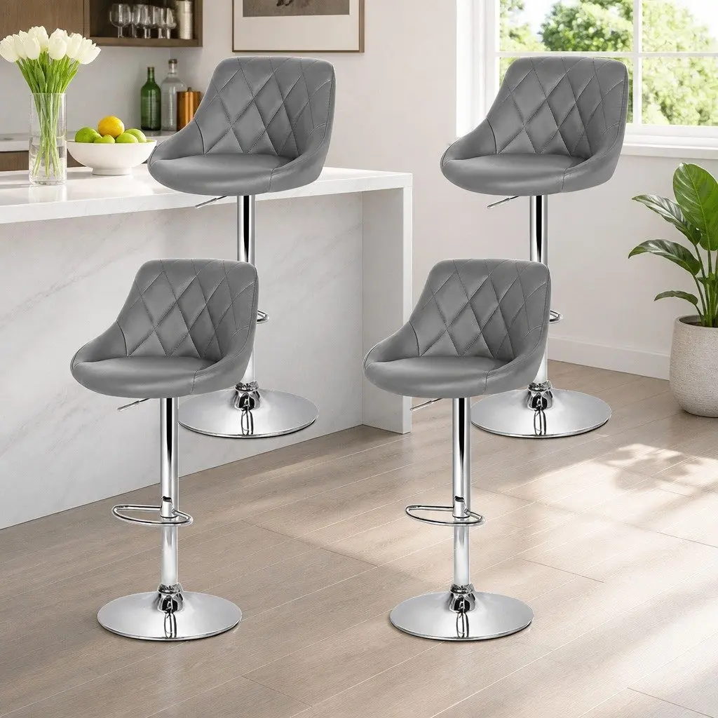 Bar Stools PU Leather Padded 4 Piece Grey Gas Lift Swivel Chair