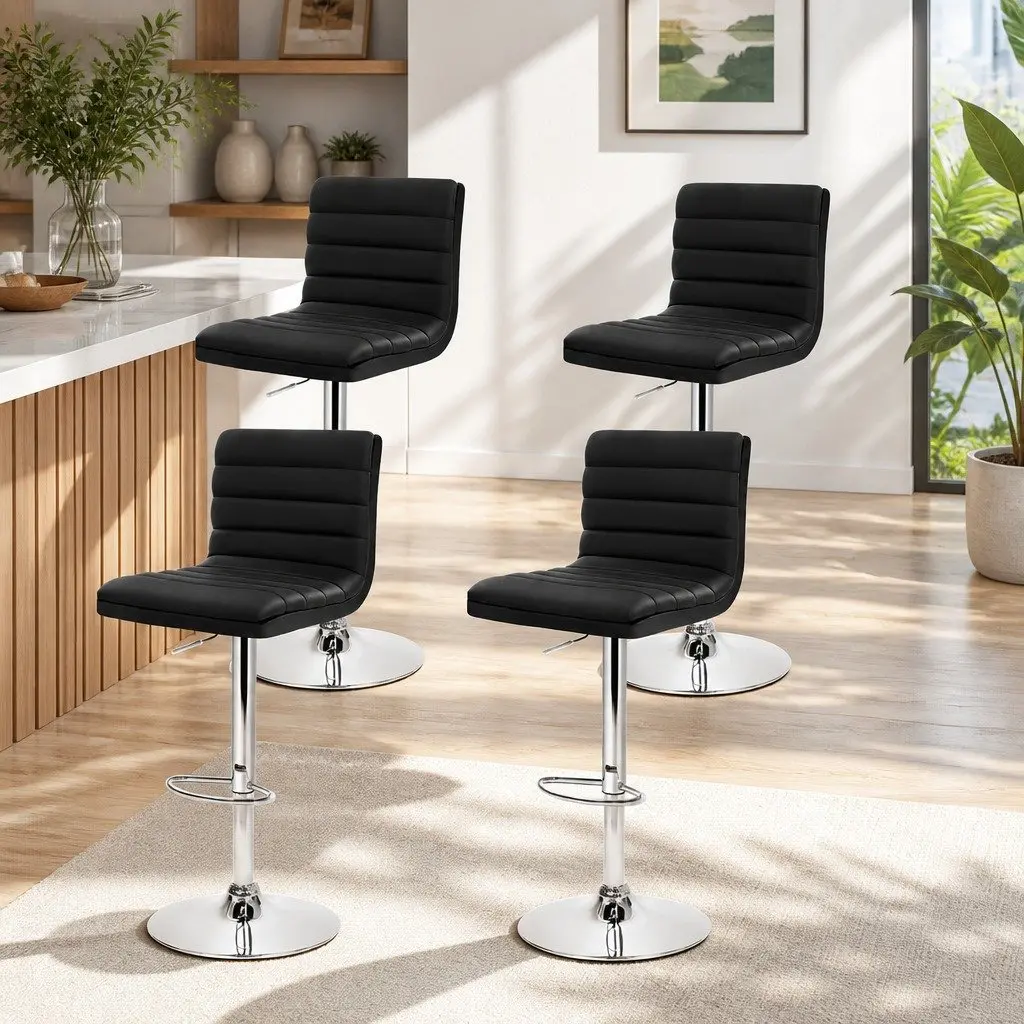 Bar Stools Faux Leather Padded Seat Adjustable Height Swivel Black Set of 4