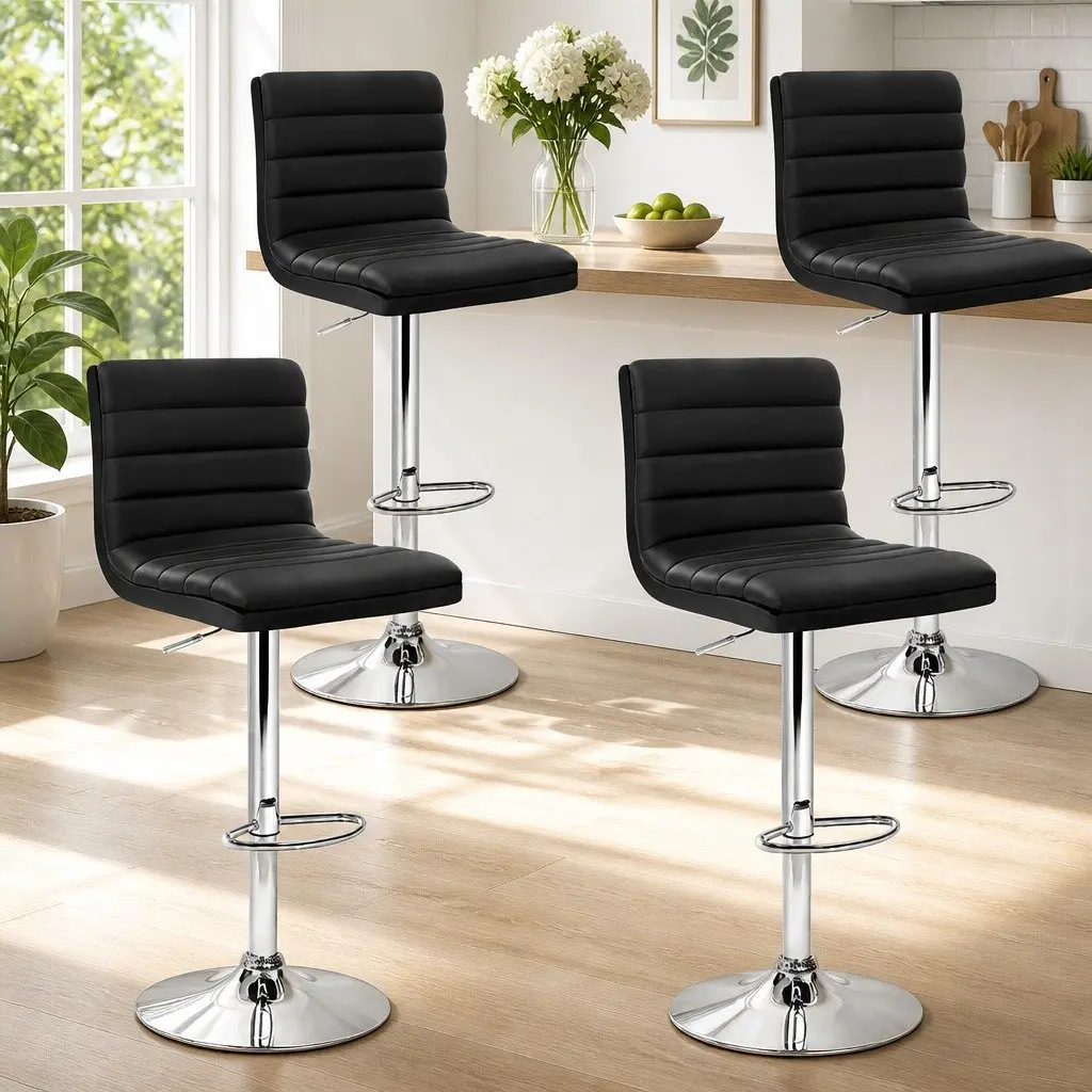 Bar Stools Faux Leather Padded Seat Adjustable Height Swivel Black Set of 4