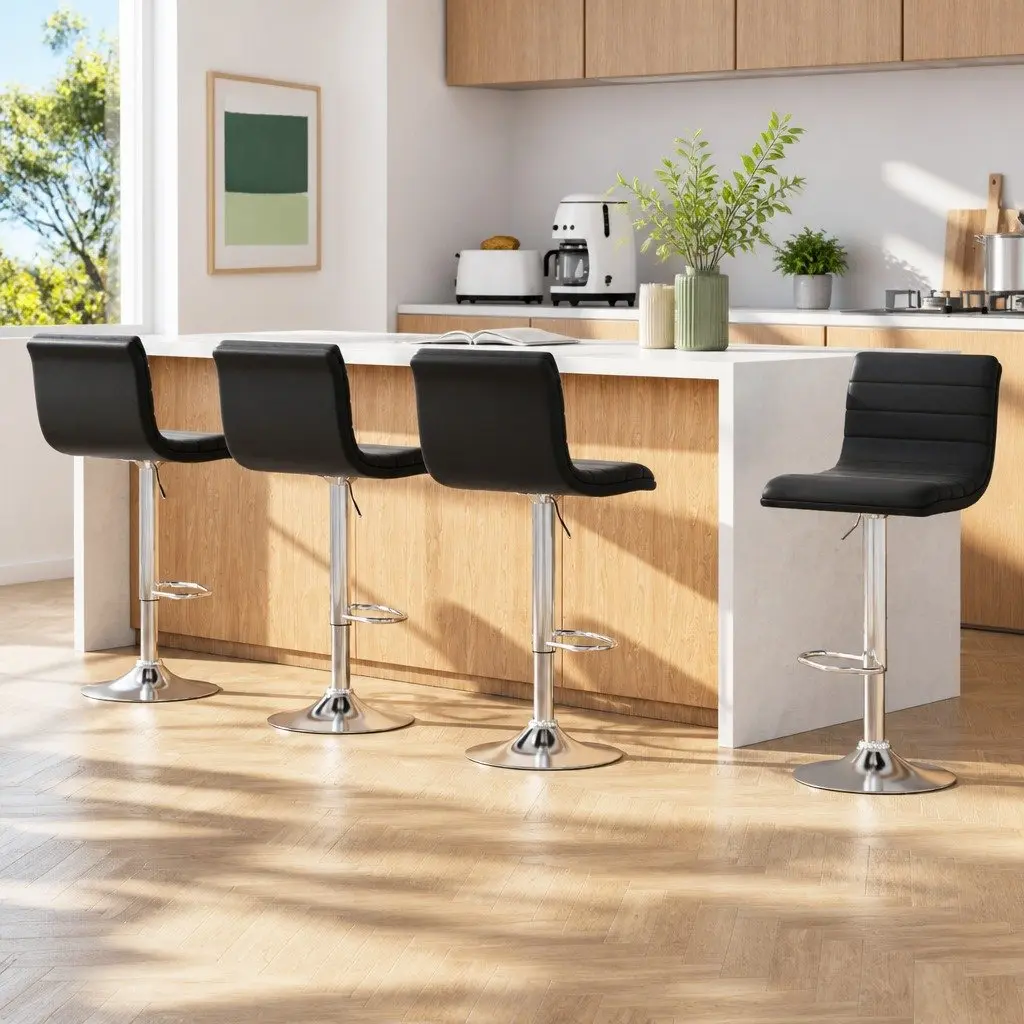 Bar Stools Faux Leather Padded Seat Adjustable Height Swivel Black Set of 4
